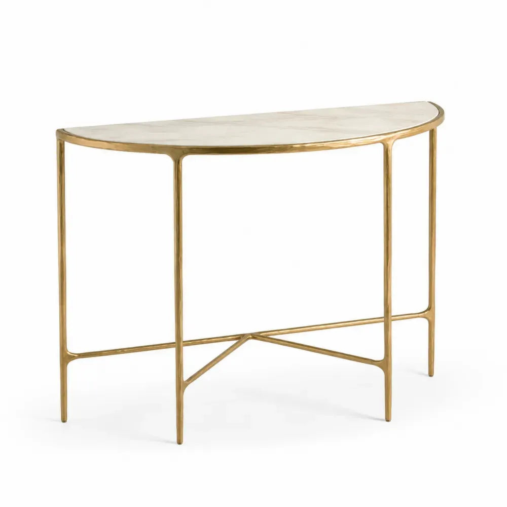 Konsolentisch mit MDF Platte in Marmoroptik Stahlgestell halboval Weiß Grau Goldfarben 120 x 35 x 80 cm