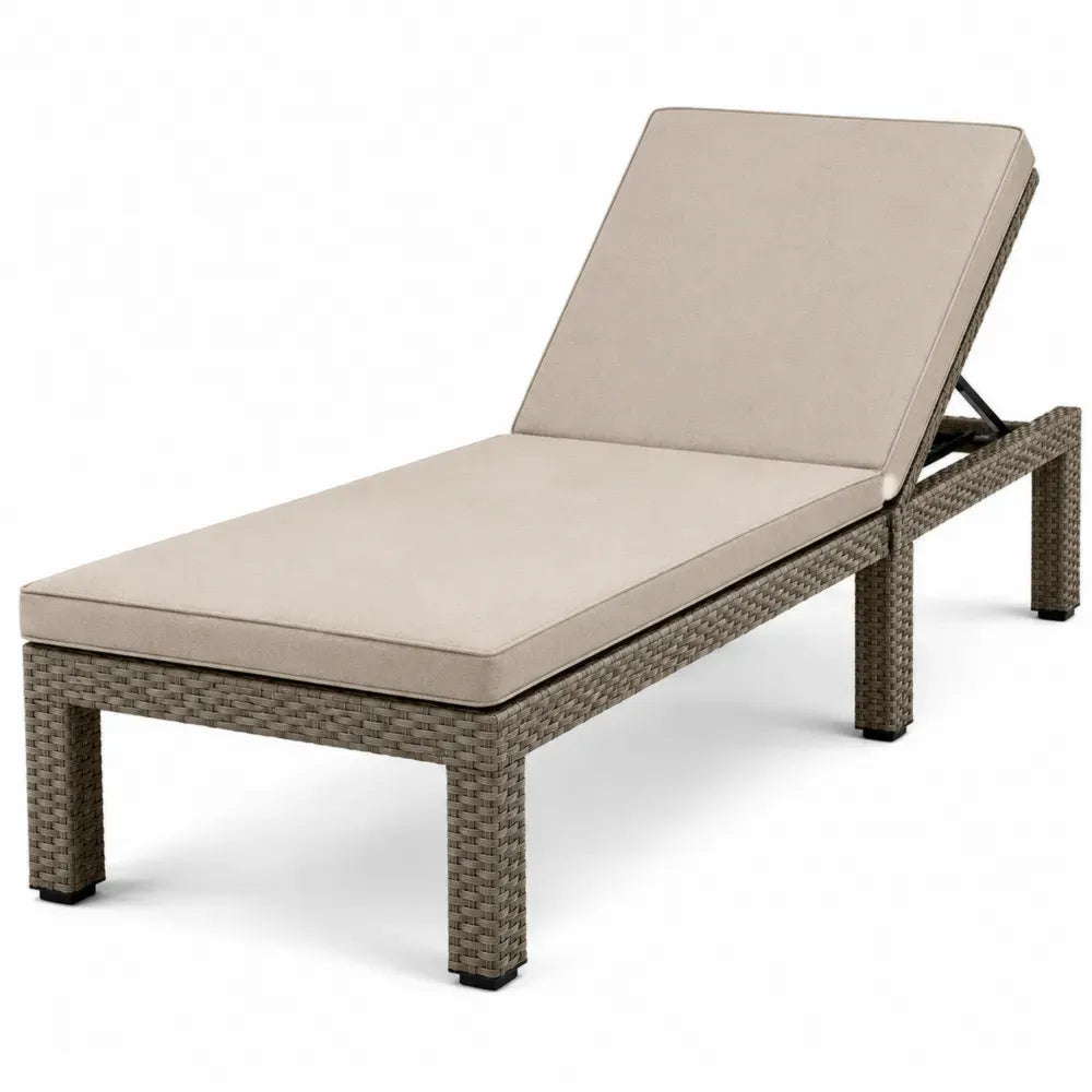 Verstellbare Sonnenliege mit Auflage aus PE-Rattan Polyester und Stahl rechteckig taupe beige schwarz 198 x 65 x 95 cm