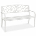 Gartenbank 2-Sitzer rechteckig 127 x 60 x 85 cm aus pulverbeschichtetem Stahl Weiß mit Armlehnen und Rankenmuster Rückenlehne