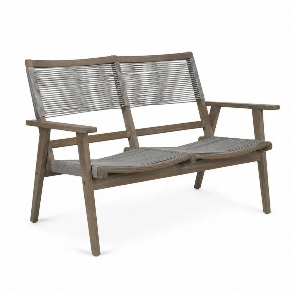 2-Sitzer Gartenbank rechteckig aus Akazienholz und Polyesterseil in Taupe Grau 130 x 72 x 82 cm