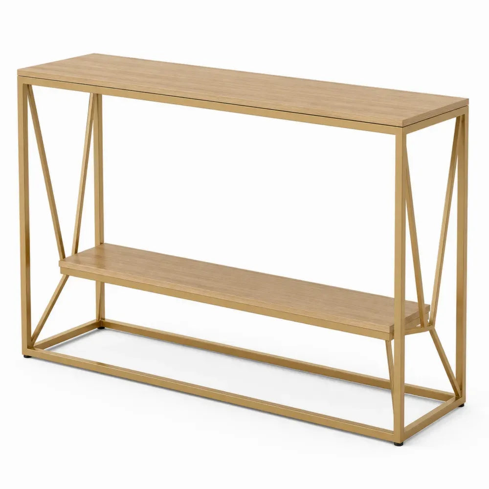 Konsolentisch mit 2 Ablageebenen MDF Eichenfurnier pulverbeschichteter Stahl rechteckig Naturholz Goldfarben Schwarz 120 x 35 x 80 cm