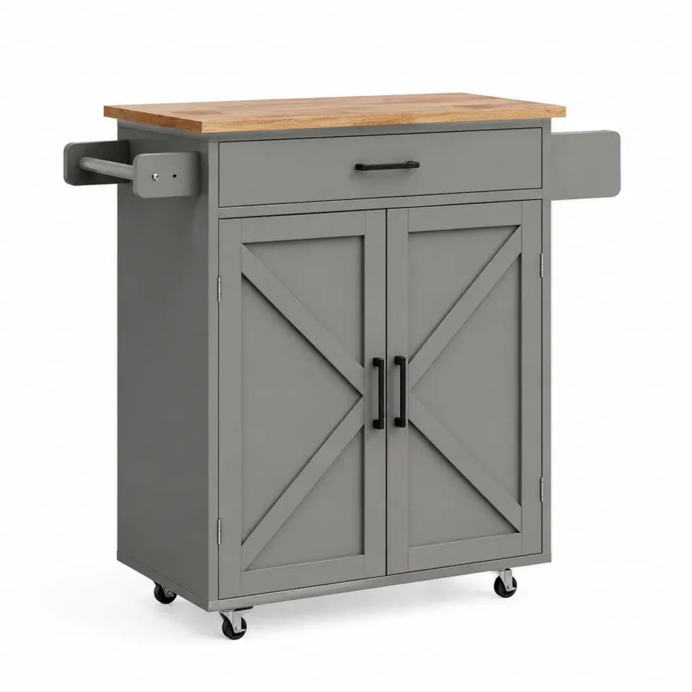 Küchenwagen mit Schublade Doppeltür und Rollen 82 x 45 x 90 cm MDF Kautschukholz rechteckig grau naturholz schwarz silberfarben