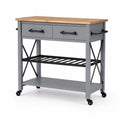 Küchenwagen mit 2 Schubladen Rollen Bambusplatte MDF Stahl Grau Naturholz Schwarz 110 x 45 x 90 cm