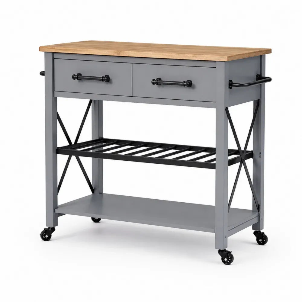 Küchenwagen mit 2 Schubladen Rollen Bambusplatte MDF Stahl Grau Naturholz Schwarz 110 x 45 x 90 cm