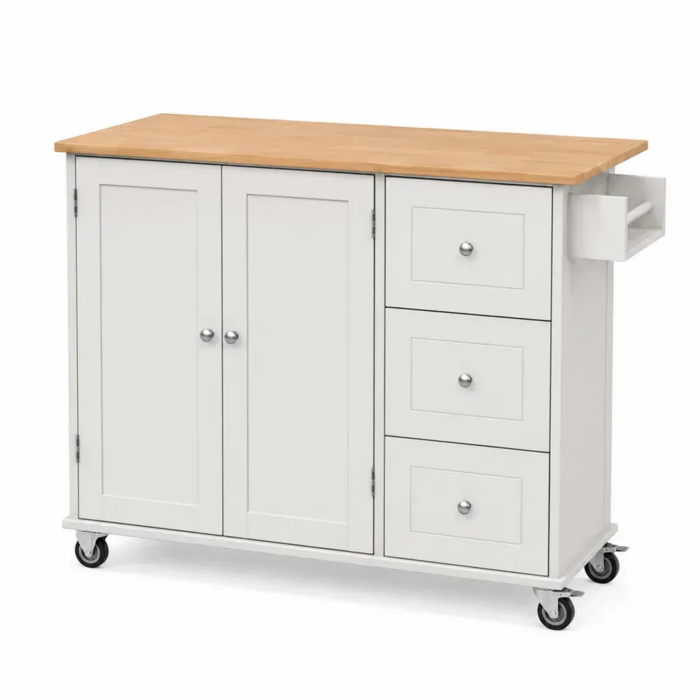 Küchenwagen mit 3 Schubladen Doppeltür und Rollen 105 x 48 x 91 cm MDF Kautschukholz rechteckig weiß naturholz silberfarben schwarz