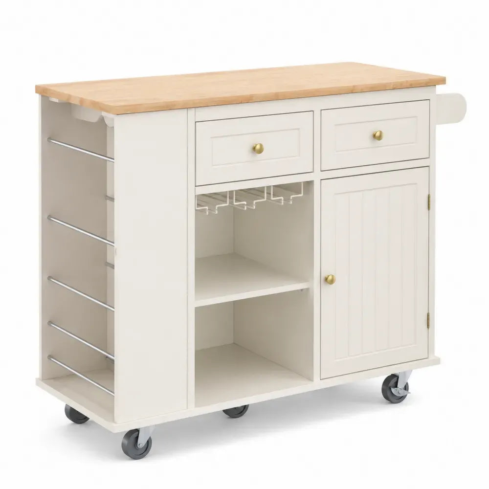 Küchenwagen mit Rollen 115 x 45 x 90 cm MDF Gummibaumholz rechteckig cremeweiß naturbraun