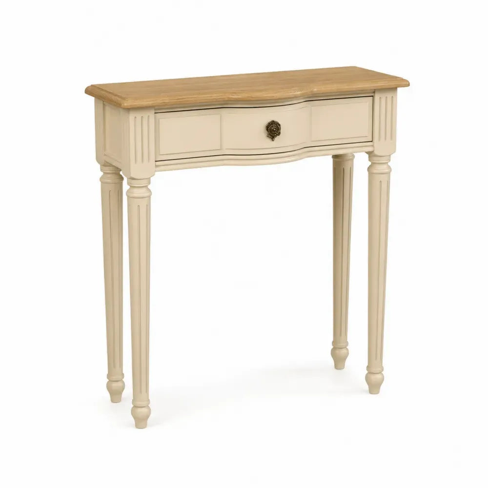 Konsolentisch rechteckig Kautschukholz und MDF mit Schublade naturholz cremeweiß antikbronze 90 x 35 x 80 cm