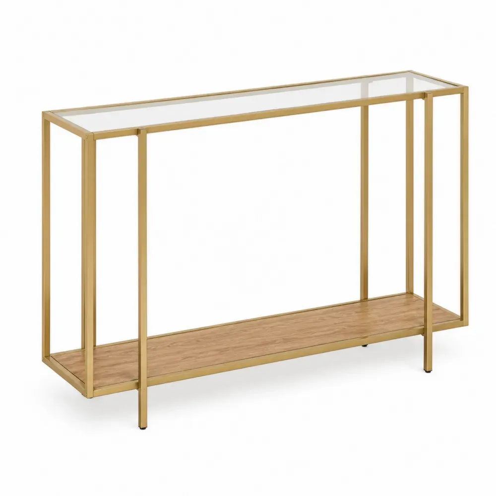 Konsolentisch mit Glasplatte MDF Eichenfurnier pulverbeschichteter Stahl rechteckig Naturholz Goldfarben Transparent 120 x 35 x 80 cm