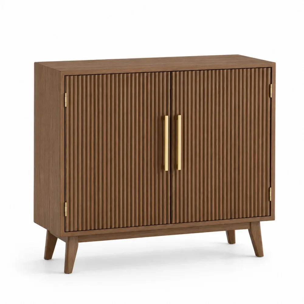 Sideboard mit 2 Türen geriffelter MDF Front rechteckig Walnussbraun Goldfarben 100 x 40 x 85 cm